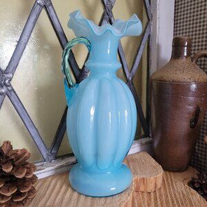Vintage Fenton Blue Blown Glass Melon Flower Vase with Ruffled Edge